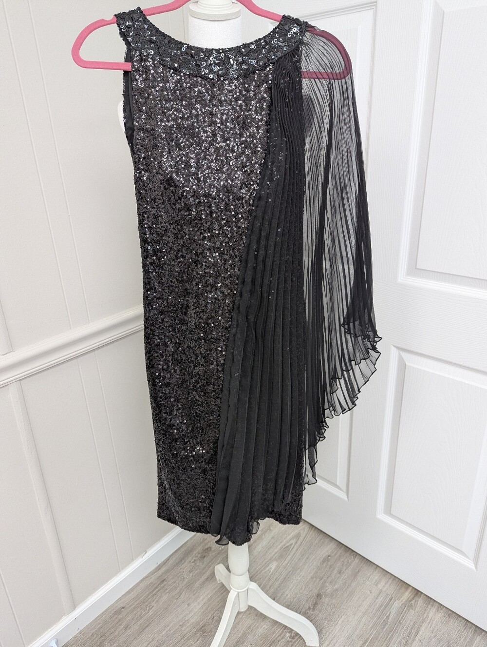 Pamella Roland Black Sequin Midi Dress with Pleated Shifon side